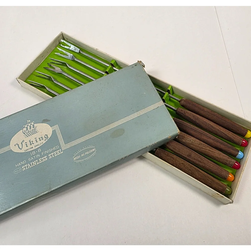 1970s Vintage Viking Fondue Forks Stainless Steel w/wooden colored handles Japan